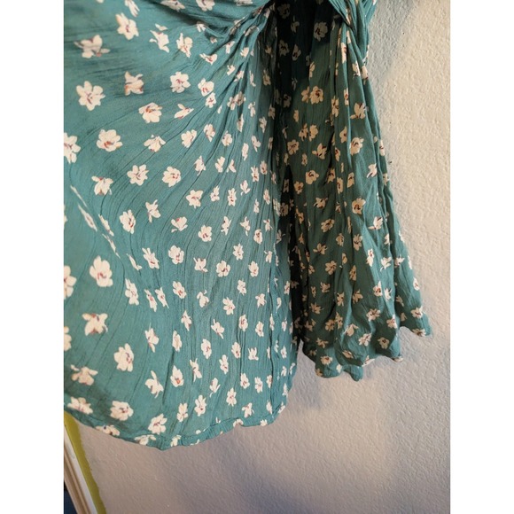 Billabong Teal Green Floral Off Shoulder Wrap Dress Puff Sleeve Rayon Womens L - Picture 15 of 16